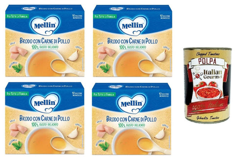 Mellin Brodo con carne di pollo 100% Gusto Delicato, per tutta la famiglia Brühe mit Hühnerfleisch 100% delikater Geschmack, für die ganze Familie 4x50gr + Italian Gourmet polpa 400g