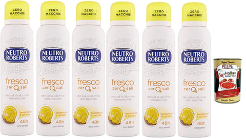 6x Neutro Roberts Deo Fresco Giallo Deodorant-Spray, ohne Aluminiumsalze, ohne Flecken, Zitrusduft nach Bergamotte und Ingwer, 150 ml + Italian Gourmet Polpa 400g