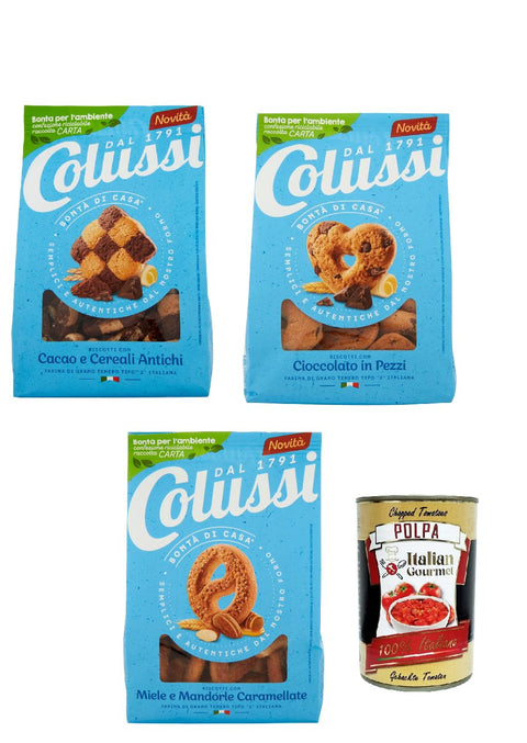 Testpaket Colussi Biscotti Kekse mit Kakao und antikem Getreide Biscuits cookies 3 st. + Italian gourmet polpa 400g