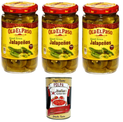 Old El Paso Grüne Jalapenos in Scheiben Scharf 3x 215 g+ Italian Gourmet polpa 400g