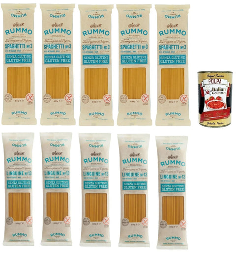Rummo Pasta Nudeln Glutenfreie Spaghetti und Linguine, Bronze Gezeichnete gluteinfrei, perfekt für Menschen mit Zöliakie oder Glutenunverträglichkeit, 10x 400 g + Italian Gourmet polpa 400g