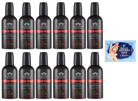 12er-Pack Giardino dei Sensi Profumo For Men Legni Mediterranei,Parfüm für Männer Mediterranes Holz 100ml + 1er-Pack Kostenlos Felce Azzurra Talkumpuder, 100g-Beutel