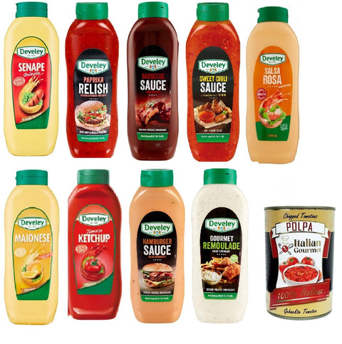 Salse Souce Tespaket Senape, Paprika Relish,Barbecue,Sweet Chili,Rosa Soße,Mayonese,Ketchup,hamburger,Gourmet Remoulade 8x875ml 1x 856ml+ Italian Gourmet polpa 400g