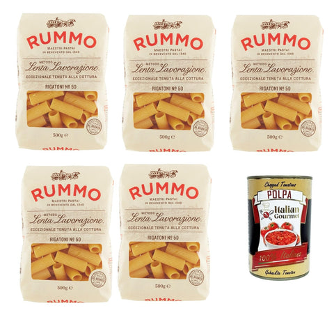 Rummo Rigatoni n° 50 Pasta Lenta Lavorazione Teigwaren aus Hartweizengrieß Bronze-Zeichnung 5x 500g + Italian Gourmet polpa 400g