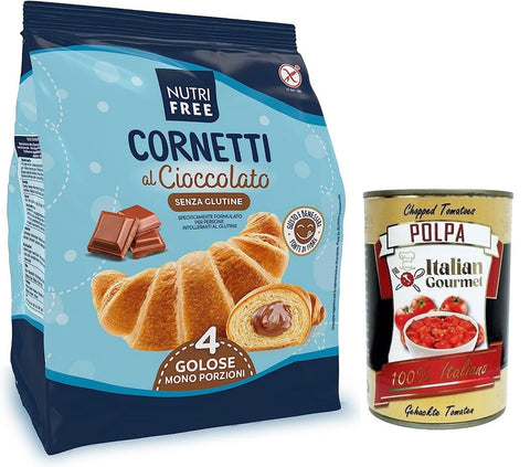 Nutrifree Cornetti al Cioccolato,Croissants gefüllt mit köstlicher Schokoladencreme,Glutenfrei,240g,Multipack mit 4 Einzelportionen + Italian Gourmet Polpa di Pomodoro 400g Dose