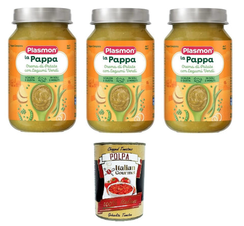 Plasmon la Pappa Crema di Patate con Legumi Verdi Cremiger Kartoffel-Pappa mit grünen Hülsenfrüchten 3x200 g+ Italian Gourmet Polpa di Pomodoro 400g