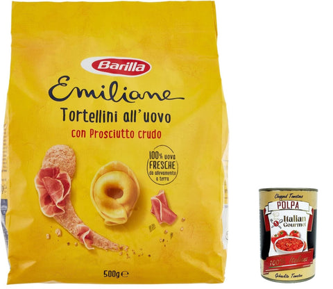 12x Barilla Pasta all' Uovo Le Emiliane Tortellini con Prosciutto Crudo , Eiernudeln, Pasta mit Ei 500g + Italian Gourmet polpa 400g