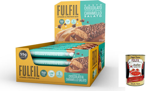 FULFIL - Snackstange mit Vitaminen und Proteinen (15 x 55 g) - Salat & Karamellkaramell - 20 g Protein, 9 Vitamine, niedriger Zuckergehalt + Italian Gourmet polpa 400g
