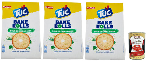 Tuc Bake Rolls, Chips di Pane Sottile e Croccante gusto Sour Cream & Onion, Im Ofen gebackene, dünne und knusprige Sauerrahm und Zwiebel Brotchips 3x 150 g + Italian Gourmet polpa 400g