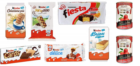 Testpaket Kinder Ferrero Brioss Colazione più Panecioc Delice Fiesta Snack + Italian Gourmet 100% italienische geschälte Tomaten dosen 2x 400g