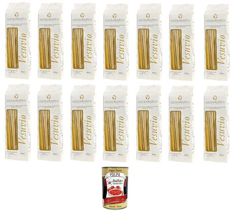 Pietrabianca, Pasta di Semola Artigianale trafilata al bronzo handgefertigte, aus Bronze gezogene Grießnudeln „Linguine“ 14x500gr + Italian Gourmet polpa 400g