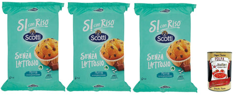 Si con Riso - Muffin con Riso e Gocce di Cioccolato, Muffins mit Reis und Schokoladenchips, Kuchen Laktose -freie Süße Snacks, Palmöl ohne, 3x 222g + Italian Gourmet polpa 400g