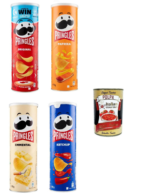 Testpaket Chips, Original, Paprika, Ketchup und Emmental der unwiderstehliche Snack in der praktischen Dose knackige Chips Einzelpackung 4x 175g + Italian Gourmet polpa 400g