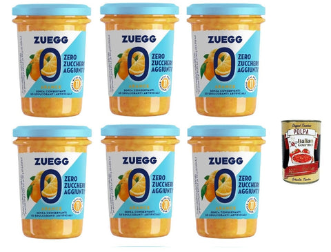 Zuegg Zero Arance Orange Marmelade Jam Ohne Zuckerzusatz,Frei von Konservierungsstoffen 6x 220g Glas + Italian Gourmet Polpa di Pomodoro 400g Dose