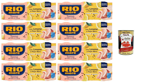 Rio Mare Tonno all’Olio di Oliva con Limone e Pepe Nero Thunfisch in Olivenöl mit Zitrone und schwarzem Pfeffer 8x195gr Packung mit 3 65g-Dosen+ Italian Gourmet polpa 400g