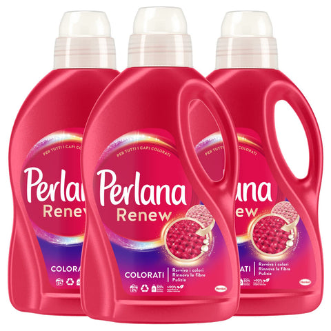 Perlana Renew Farbiges Flüssigwaschmittel zur Erneuerung der Farbe, für Waschmaschine und Handwäsche, neutralisiert schlechte Gerüche auf Stoffen, erneuert die Farben – 3 Flaschen à 1,44 Liter