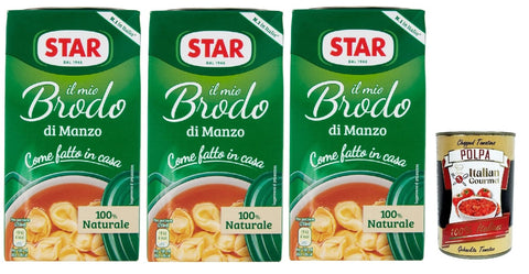 STAR Il Mio Brodo Manzo, 3x 500ml, Bereit -hergestellte flüssige Brühe, 100% natürlich, ohne Konservierungsstoffe, Gluten -freie und hinzugefügte glutamatfreie + Italian Gourmet polpa 400g