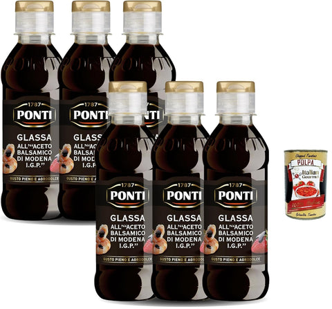 Ponti, Glasur mit Balsamico -Essig von Modena I.G.P, ideal für alle Rezepte, vollen und süßen und sauren Geschmack mit mittelschwerer Säure, 6x 250 g + Italian Gourmet polpa 400g