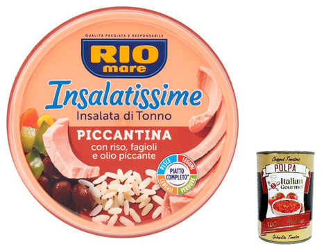 3x Rio mare Insalatissime Insalata di Tonno Piccantina, mit Reis, Bohnen und würzigem Öl 220 g + Italian Gourmet polpa 400g