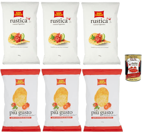 Testpaket San Carlo Patatine, Kirschtomaten 3x150g + Rustica 3x300g - Kartoffelchips Chips Beutel + Italian Gourmet polpa 400g