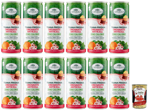 12x L' Angelica Drenante Anticell,Kalter Kräutertee,Geschmack von Mandarine, Brennnessel und Kirsche,Kalorienfrei,Zuckerfrei,Einwegdose 240ml + Italian Gourmet Polpa di Pomodoro 400g Dose