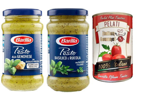 TESTPAKET Barilla Pesto 1x Pesto genovese 190g 1x Pesto basilico e rucola 190g ( 2 x 190g ) + 1x Italian Gourmet 100% italienische geschälte Tomaten dosen 400g