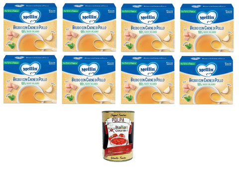 Mellin Brodo con carne di pollo 100% Gusto Delicato, per tutta la famiglia Brühe mit Hühnerfleisch 100% delikater Geschmack, für die ganze Familie 8x50gr + Italian Gourmet polpa 400g