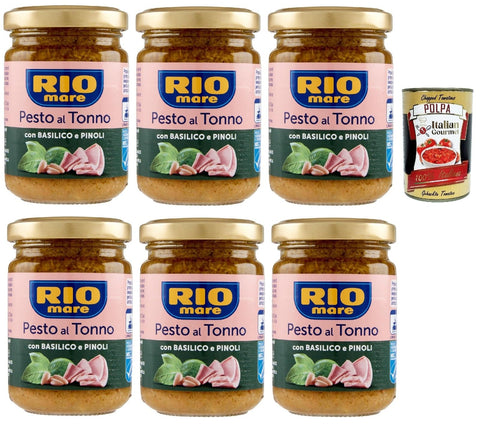 Rio mare Pesto al Tonno con Basilico e Pinoli, Thunfischpesto mit Basilikum und Pinienkernen pasta sauce 6x 130 g + Italian Gourmet polpa 400g