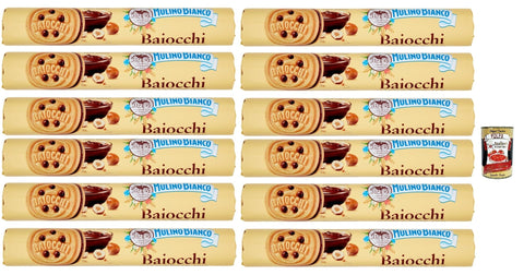 Mulino Bianco Baiocchi Biscotti Snack Farciti con Crema alla Nocciola e Cacao, Snack Kekse mit Haselnusscreme und Kakao gefüllt, 12x 168 g + Italian Gourmet polpa 400g