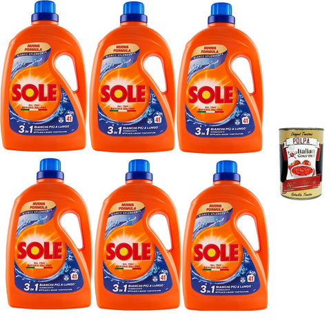 Sole Bianco Splendente, Flüssigwaschmittel für die Waschmaschine. Schützt die Farbe und entfernt Flecken bei niedrigen Temperaturen, 41 Wäschen, 6x 1845ml + Italian Gourmet polpa 400g