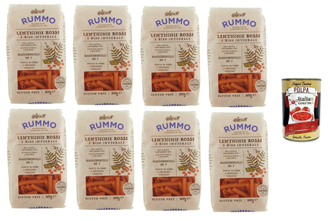 Rummo Maccheroncelli N° 7 Glutenfreie Pasta aus roten Linsen und braunem Reis. 8 x 300 g + Italian Gourmet polpa 400g