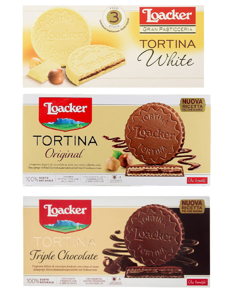 Testpaket Loacker Tortina White Triple Dark Original 3pz Schokoladengenuss gefüllt mit Haselnusscreme Kuchen 3x 63g