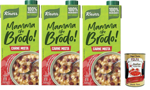 Knorr Mamma Che Brodo! Gemischte Fleisch-Fertigbrühe mit 100% natürlichen Zutaten und Gemüse aus nachhaltiger Landwirtschaft, gluten- und laktosefrei, 3x 1LT + Italian Gourmet polpa 400g