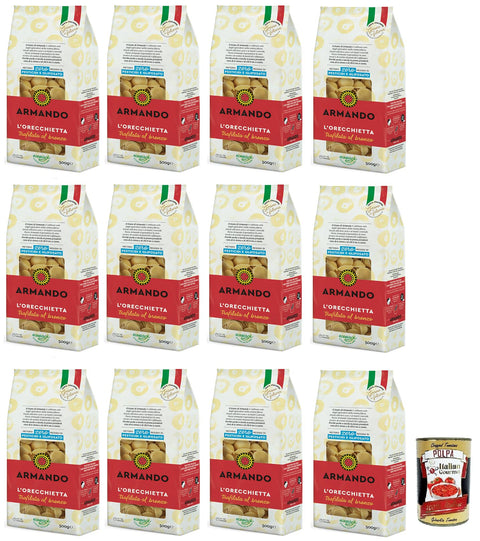 12x Armando L'Orecchietta,Bronzegezogene Nudeln,100% Italienische Pasta 500g + Italian Gourmet Polpa di Pomodoro 400g Dose