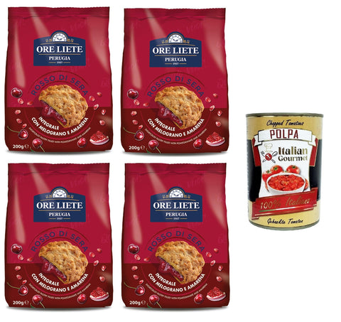Ore Liete Perugina Rosso Di sera Biscotto integrale Con Melograno e Amarena Rot Abends Vollkornkeks mit Granatapfel und Schwarzkirsche 4x200gr + Italian Gourmet polpa 400g