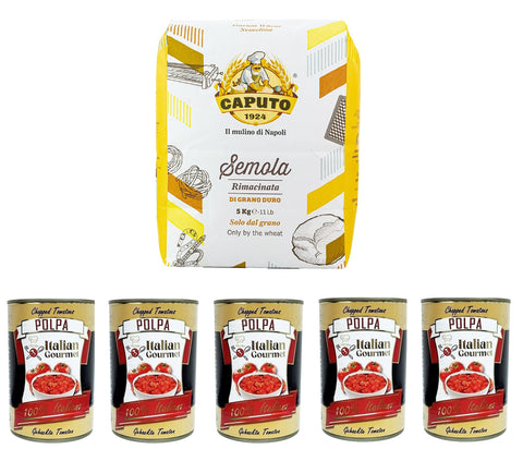 Testpaket Caputo Il Mulino di Napoli Semola rimacinata di Grano Duro Durum Weizengieß 5kg und Italian Gourmet Polpa di pomodoro Fein gehacktes Tomatenmark 5x 400g