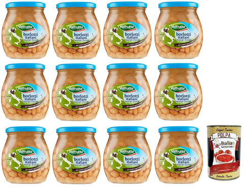 12x Valfrutta Fagioli Borlotti,Italienische Borlotti-Bohnen,Hülsenfrucht Gemüse Gekochte Bohnen,Glas 570g + Italian Gourmet Polpa di Pomodoro 400g Dose
