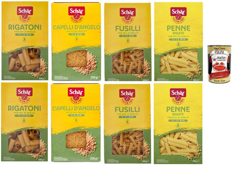 SCHÄR Senza Glutine Testpaket Glutenfrei Pasta mit 20% Hirse, gluten free pasta, 8x 500g + Italian Gourmet polpa 400g