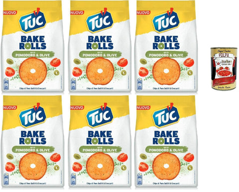 Tuc Bake Rolls, Chips di Pane Sottile e Croccante gusto Pomodoro e Olive, Im Ofen gebackene, dünne und knusprige Tomate und Oliven Brotchips 6x 150 g + Italian Gourmet polpa 400g