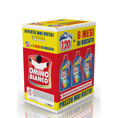 Omino Bianco - Flüssigwaschmittel Color+, speziell für farbige Kleidungsstücke, Technologie speichert Farben und fängt Grau auf, 120 Waschladungen, 2000 ml x 3 Packungen