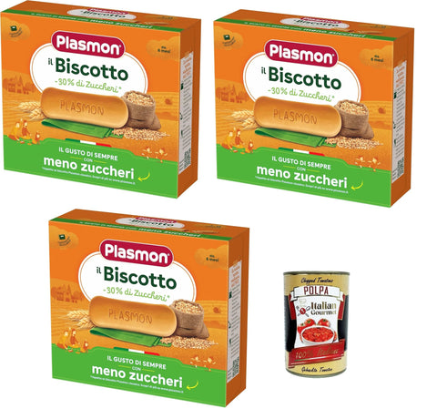 Plasmon il Biscotto -30% Zuccheri, 3x 320 g, 100% Grano Italiano Selezionato + Italian Gourmet polpa 400g