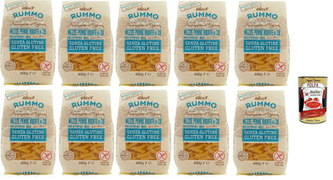 Rummo Pasta Nudeln Glutenfreie Mezze Penne Rigate, Bronze Gezeichnete gluteinfrei, perfekt für Menschen mit Zöliakie oder Glutenunverträglichkeit, 10x 400 g + Italian Gourmet polpa 400g