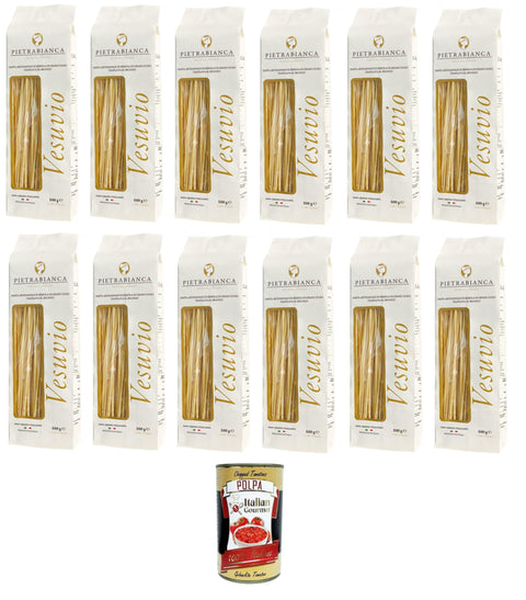 Pietrabianca, Pasta di Semola Artigianale trafilata al bronzo handgefertigte, aus Bronze gezogene Grießnudeln „Spaghetti“ 12x500gr + Italian Gourmet polpa 400g