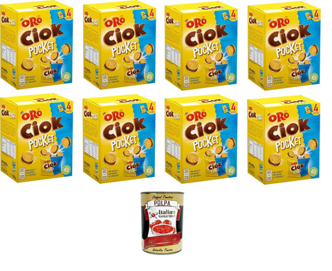 Oro Ciok Pocket, Mini-Kekse gefüllt mit leckerer Milchschokoladencreme, einfacher und leckerer Snack, ohne Farb- und Konservierungsstoffe, 8x 160g+ Italian Gourmet polpa 400gr