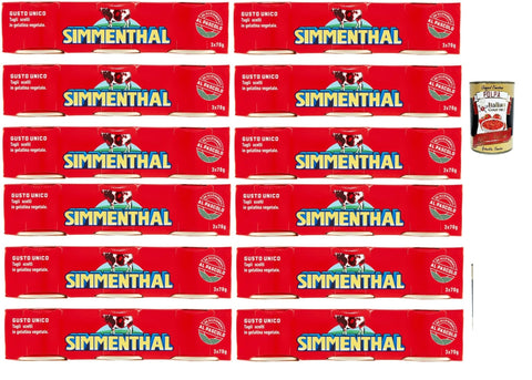 SIMMENTHAL carne in scatola, Rindfleisch in Aspik 12x (3x 70g) 100% Italienisch Fleisch Aspikfleisch + Italian Gourmet polpa 400g