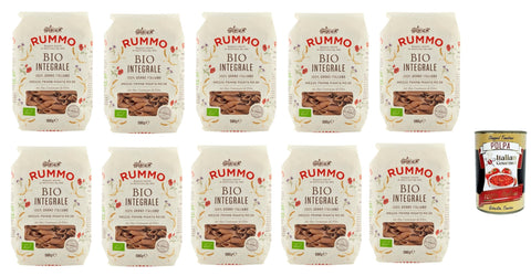 Rummo Pasta Integrale Mezze Penne Rigate N° 28, Vollkornnudeln Nudeln Vollkorn Italienische Pasta 10x 500g + Italian Gourmet polpa 400g