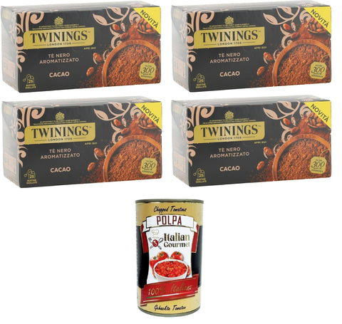 Tè Nero Aromatizzato al Cacao, schwarzer Tee mit Kakaogeschmack,Packung mit 25 Filtern 4x50gr +Italian Gourmet polpa 400g