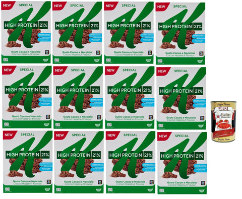 Special K High Protein 21%, Cereals Kakao und Haselnuss, Vollkorn Weizen und Gerste mit Vitaminen und Mineralstoffen, Frühstückscerealien, 12x 320 g + Italian Gourmet polpa 400g