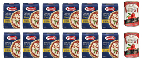 12x Farina Barilla Tipo "0" per Pizza Napoli Pizzamehl Pizza Mehl 1kg + Italian Gourmet 100% italienische geschälte Tomaten dosen 2x 400g