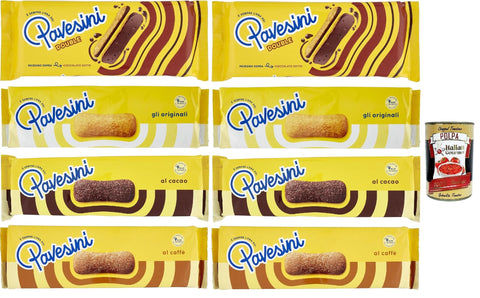 Pavesi Pavesini Testpaket, Snack Croccante Classico, Cioccolato, caffe', double, Knuspriger Snack mit dunkler Schokolade, leichter Snack, 8 Stücke + Italian Gourmet polpa 400g